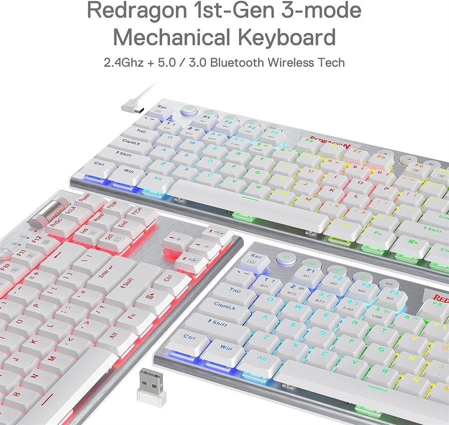 REDRAGON TECLADO MECANICO HORUS TKL WIRELESS K621W-RGB WHITE - RED SWITCH