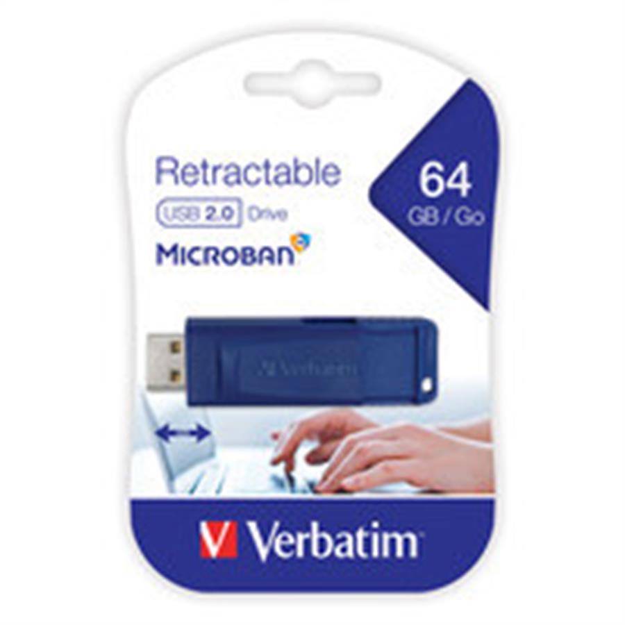 VERBATIM PEN DRIVE 64 GB RETRACTIL USB 2.0 DRIVE MICROBAN AZUL