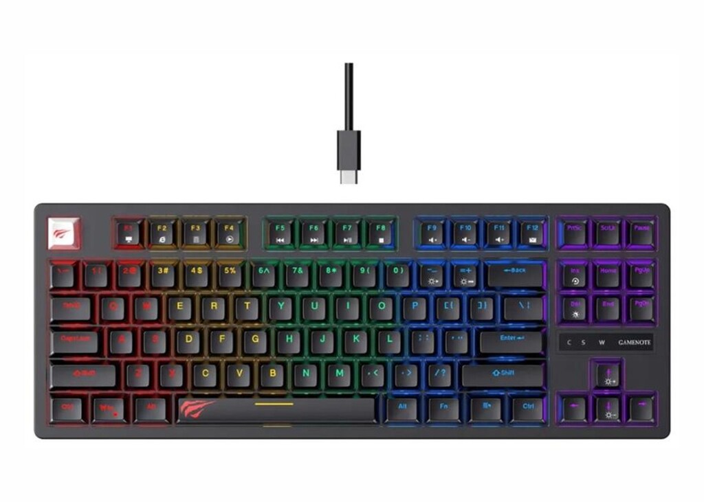 HAVIT TECLADO GAMENOTE KB892L RAINBOW BACKLIT 87 KEYS MECHANICAL KEYBOARD