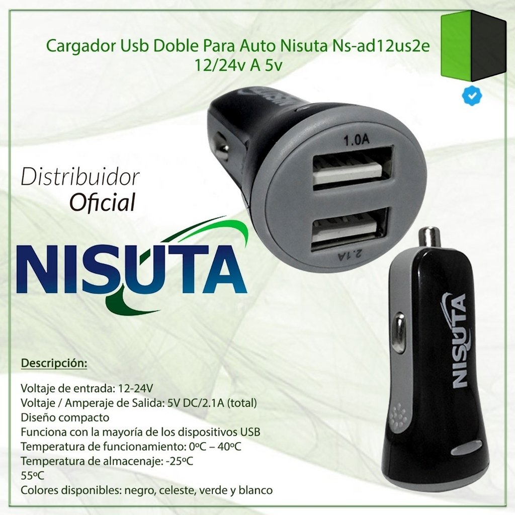 NISUTA CARGADOR USB DOBLE PARA AUTO 12/24V A 5V 2.1A NS-AD12US2E